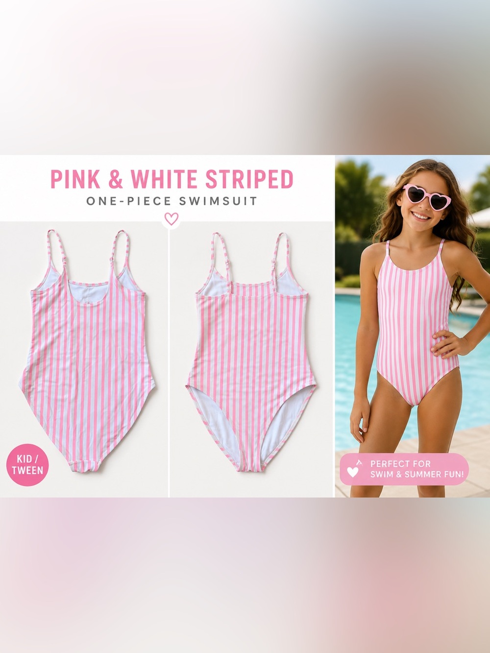 Old Navy Girls Tween One Piece Swimsuit Pink/White Spaghetti Strap